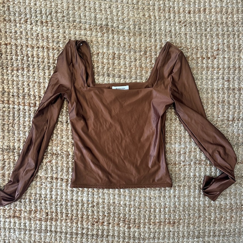 ARITZIA BABATON SATINETTE BROWN SQUARE NECK TOP SIZE XS